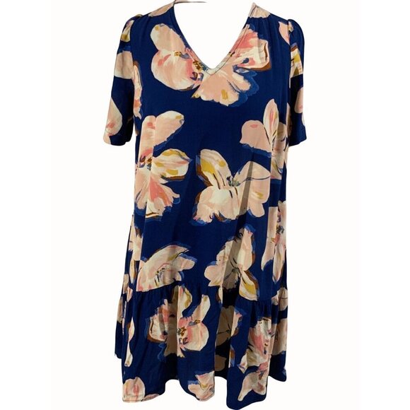 A New Day Womens Floral Print VNeck Short Sleeve Drop Waist Dress Small Blue - Picture 1 of 9